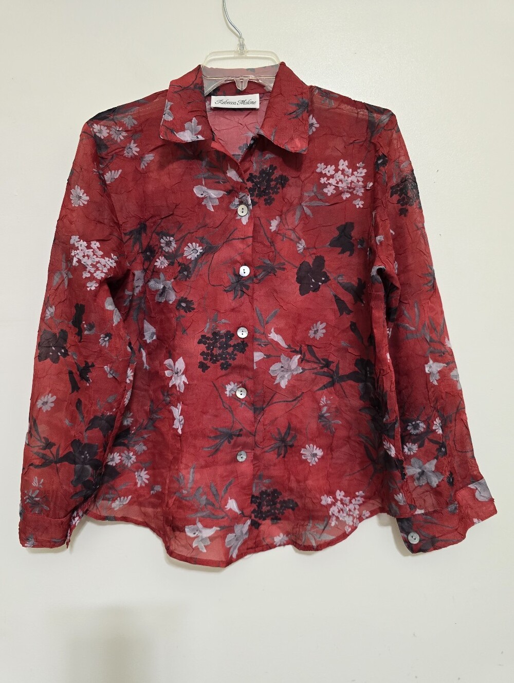 vintage REBECCA MALONE size M Long Sleeve Sheer Crinkle Floral Button Shirt Red